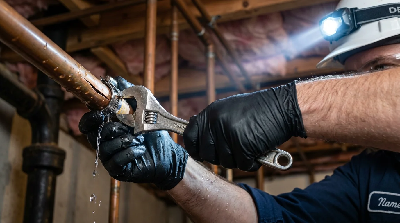 Emergency pipe clamp repair being performed by a Johns Plumbing LLC plumber in Kingfisher
