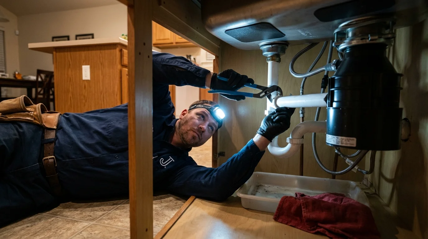 P-trap and supply line connections under a kitchen sink showing a common leak point in Kingfisher, OK